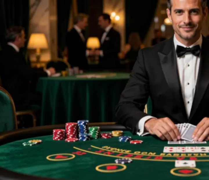 Charyzmatyczny krupier prowadzący wieczór blackjacka