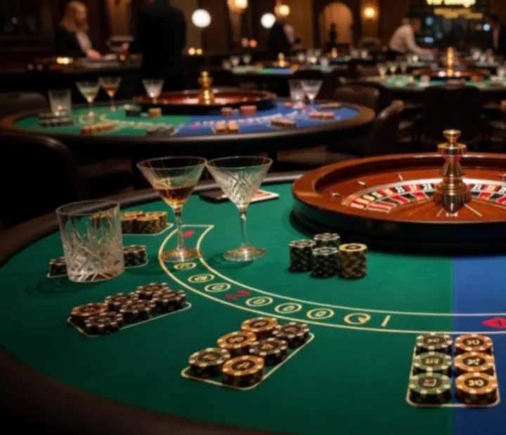 Profesjonalne stoły do pokera, ruletki i blackjacka ustawione na elegancznym evencie.