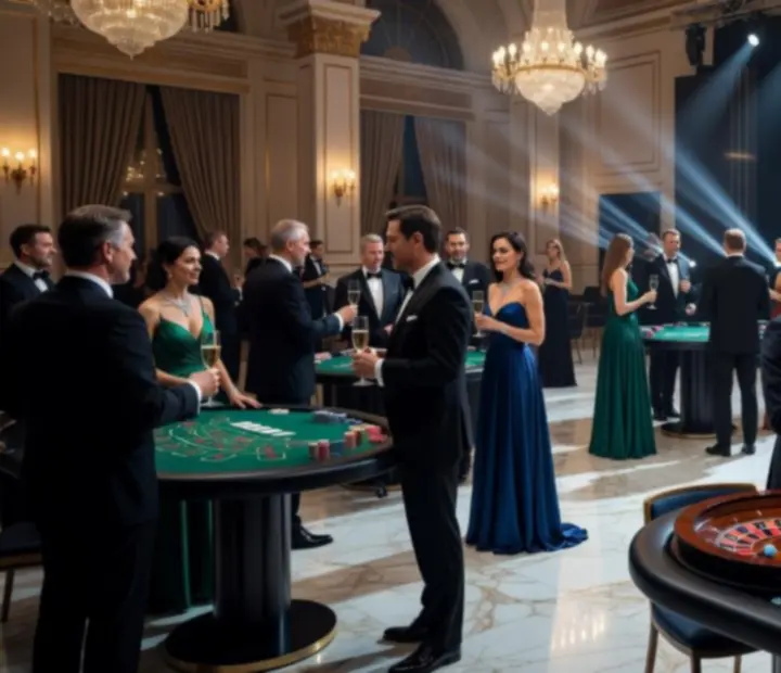Luksusowy event korporacyjny w stylu kasyna z elegancką scenografią i stołami do gier.