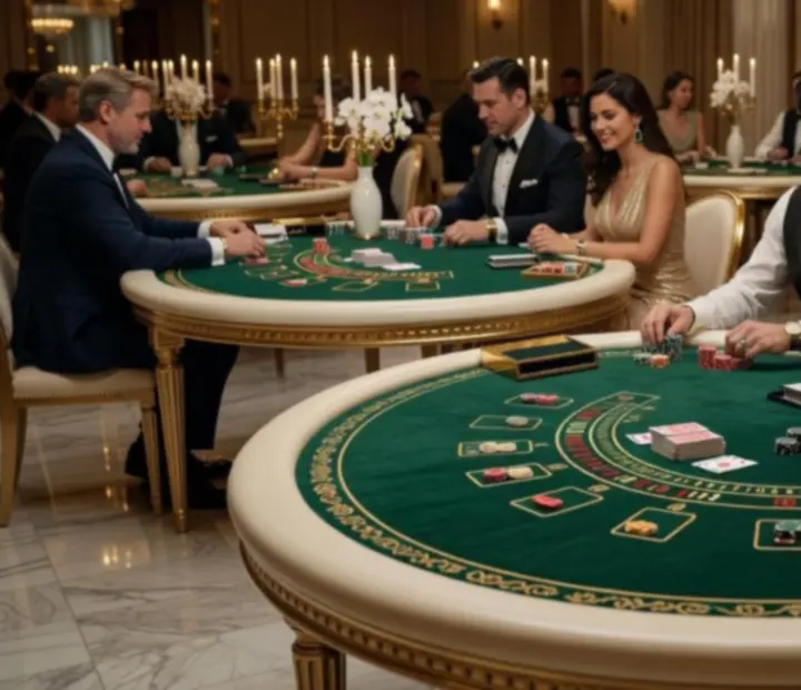 Profesjonalne stoły pokerowe i żetony przygotowane na wieczór
