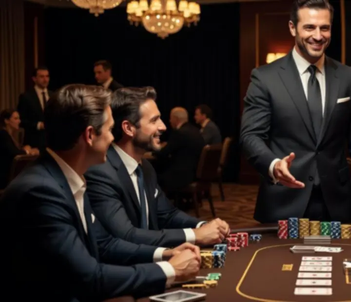 Profesjonalny krupier prowadzący rozgrywkę pokerową na eleganckim evencie.